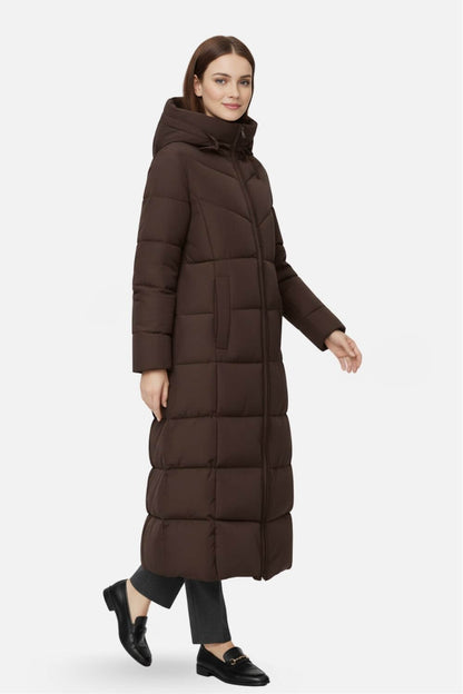 Long hooded puffer coat with streamlined silhouette for women | Caurelle