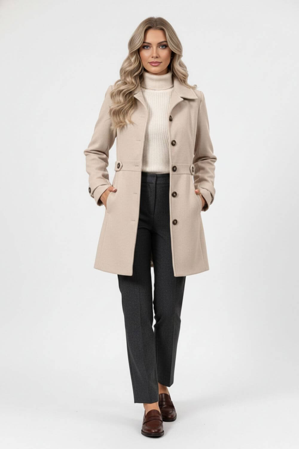 Elegant belted button-front winter coat for women | Caurelle
