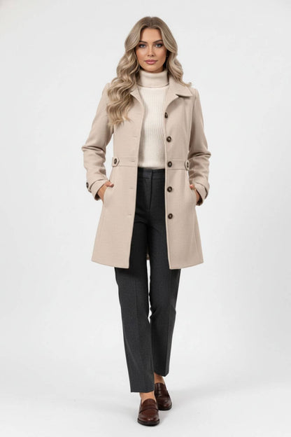 Elegant belted button-front winter coat for women | Caurelle