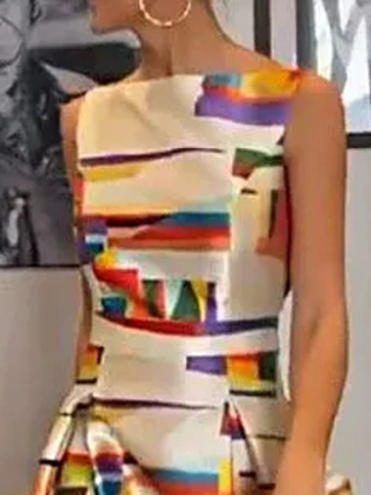 Sleeveless geometric print midi dress for women | Isabel
