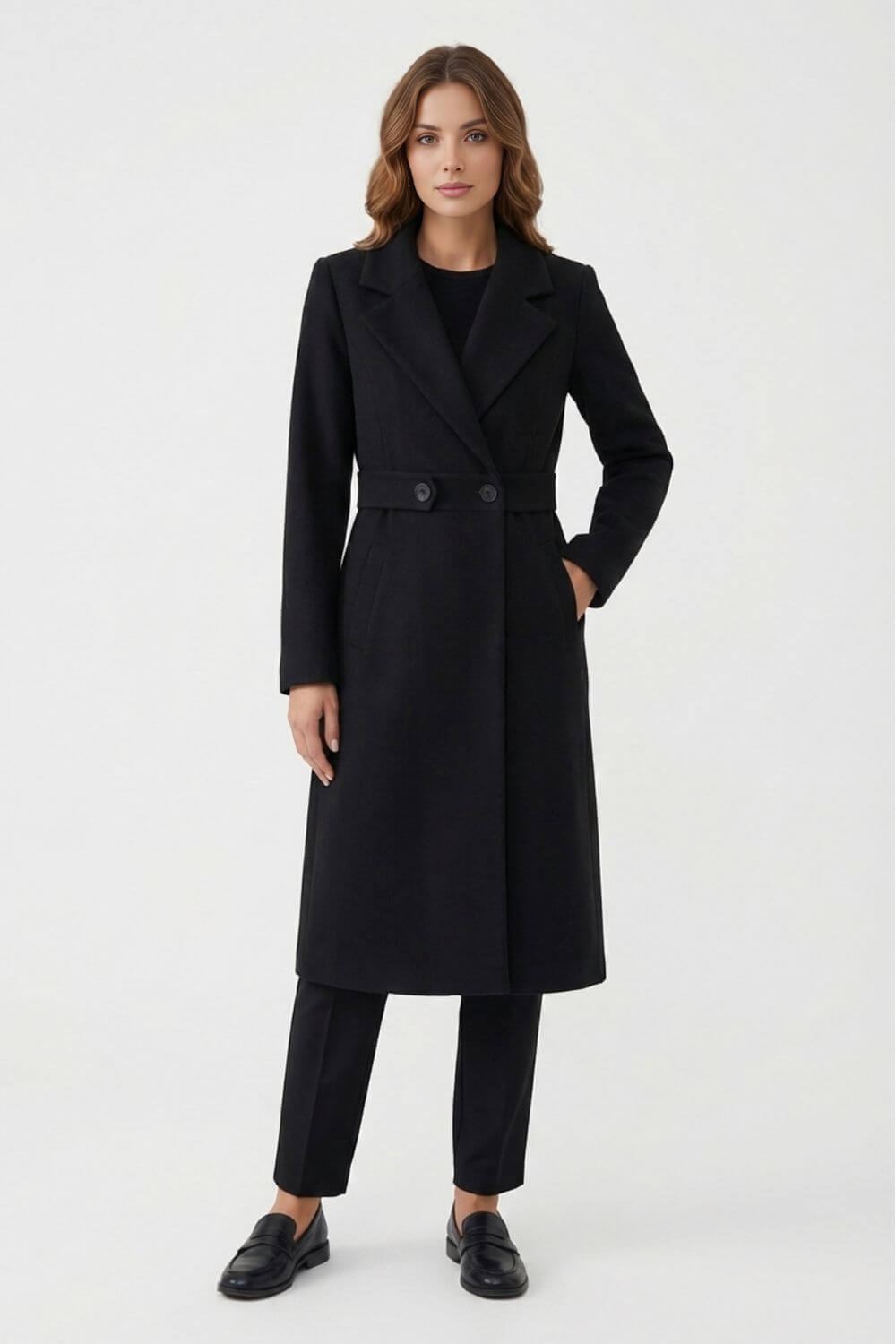 Elegant long coat with streamlined silhouette for women | Caurelle