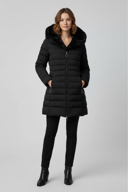 Long quilted puffer coat with high collar for women | Caurelle