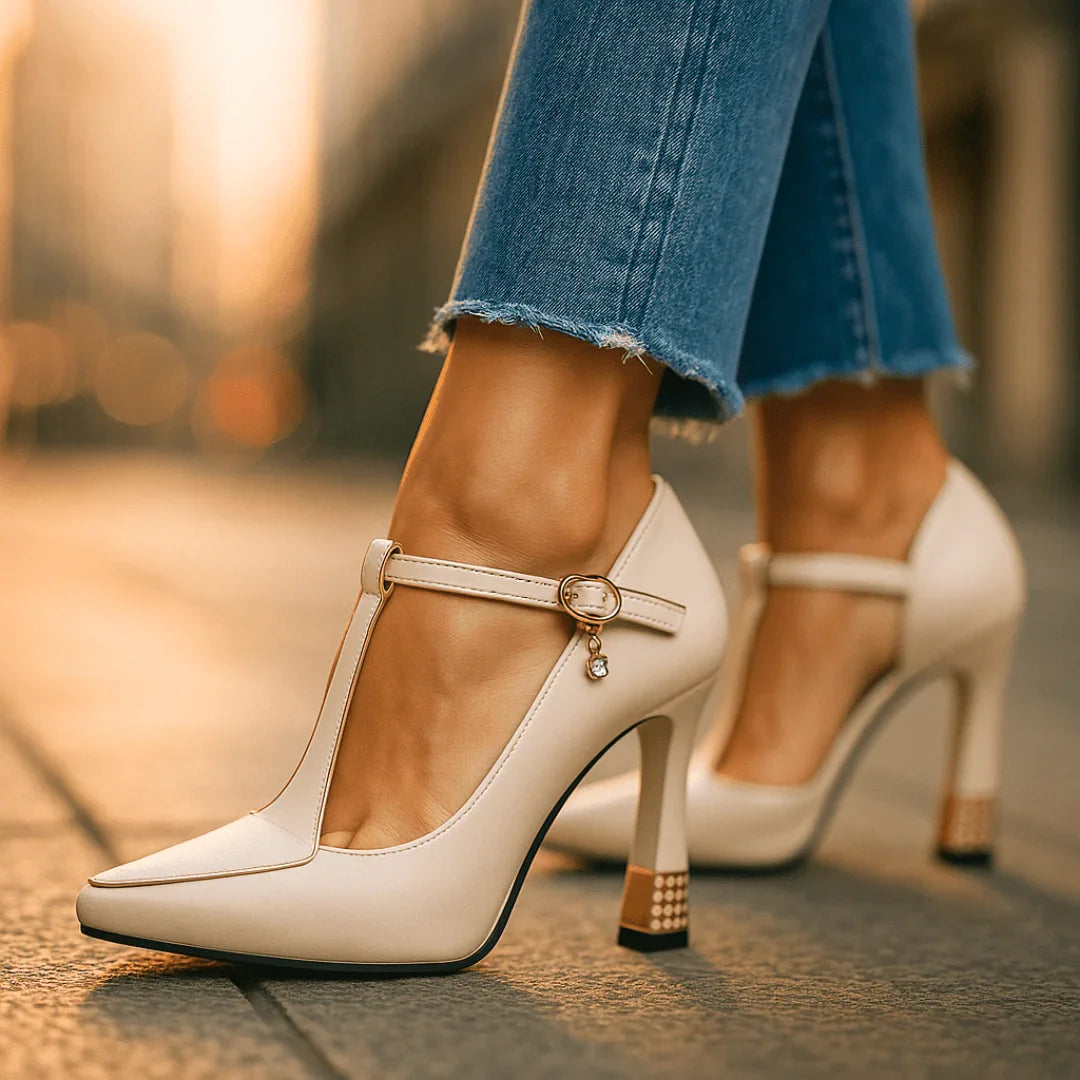 Pointed toe T-strap heels with charm buckle detail | Vivienne