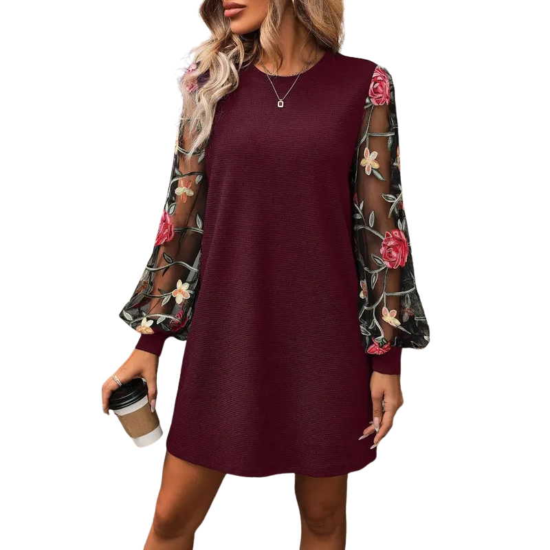 Floral embroidered bishop sleeve dress for women | Lucy