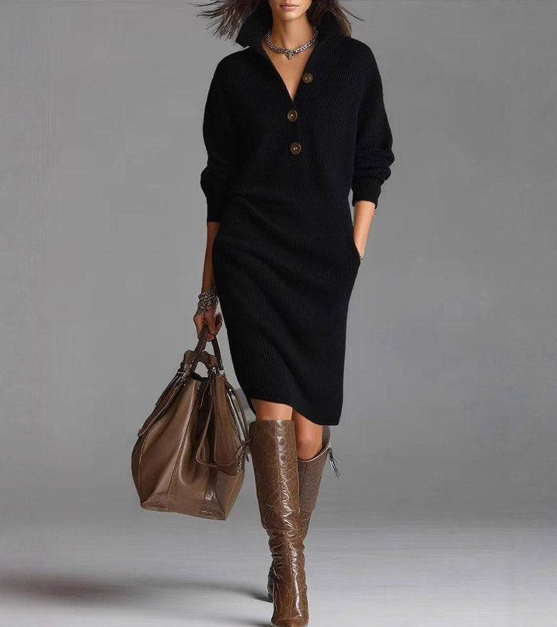 Warm high-collar knit midi dress with buttons Chic for Women | Elowira Grace