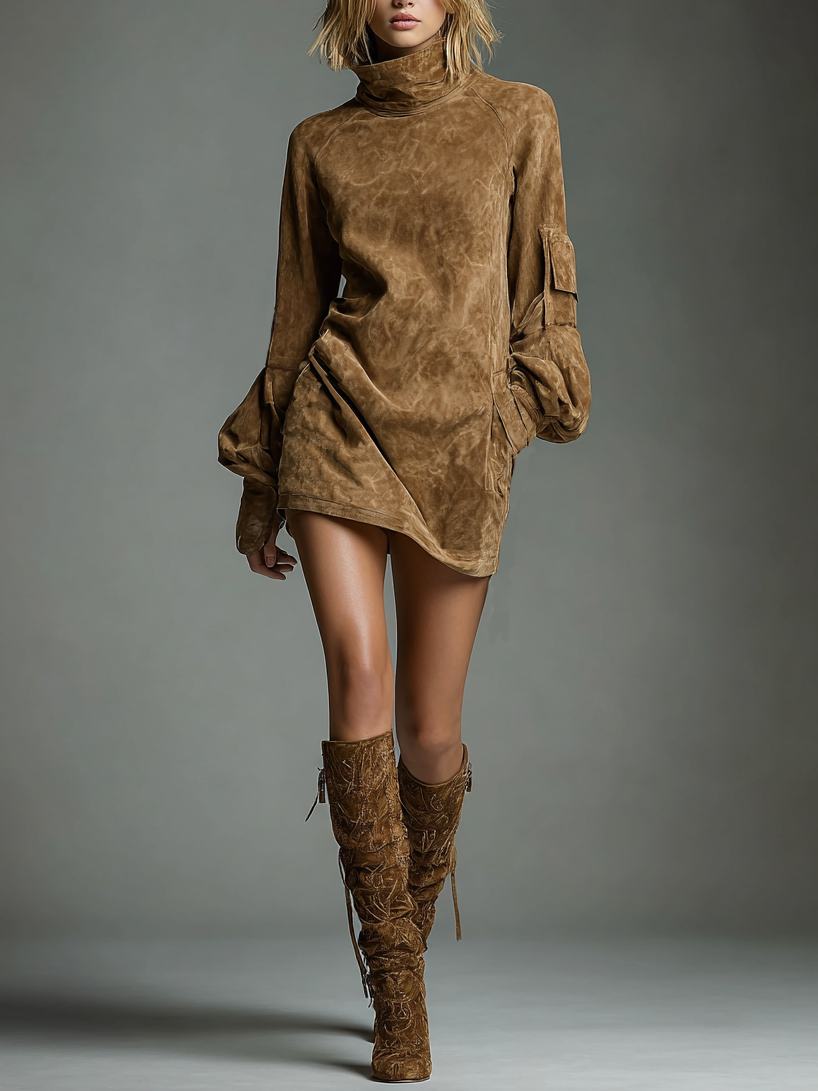 Vintage loose suede turtleneck mini dress for women | Suedette -7