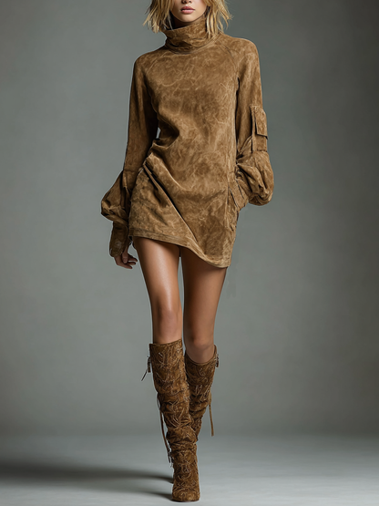 Vintage loose suede turtleneck mini dress for women | Suedette -7