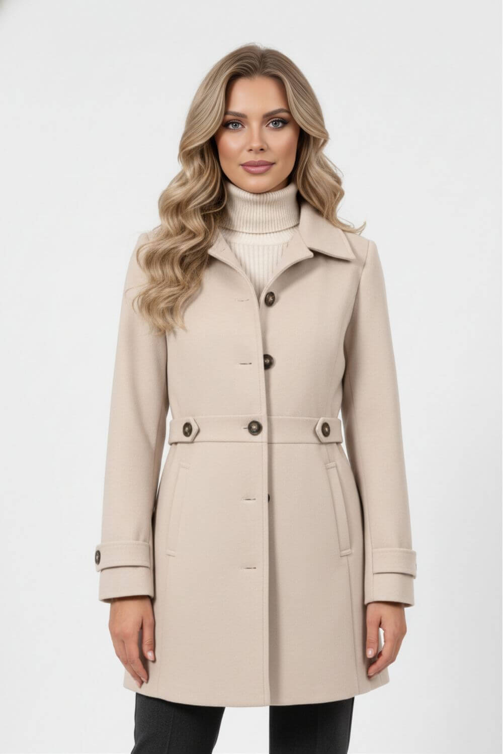 Elegant belted button-front winter coat for women | Caurelle