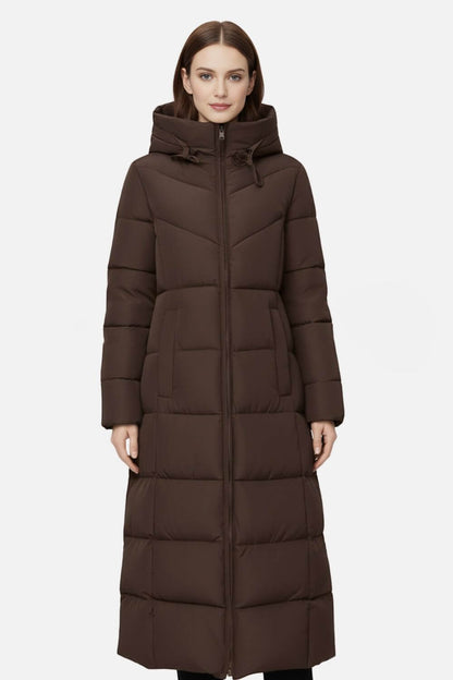 Long hooded puffer coat with streamlined silhouette for women | Caurelle