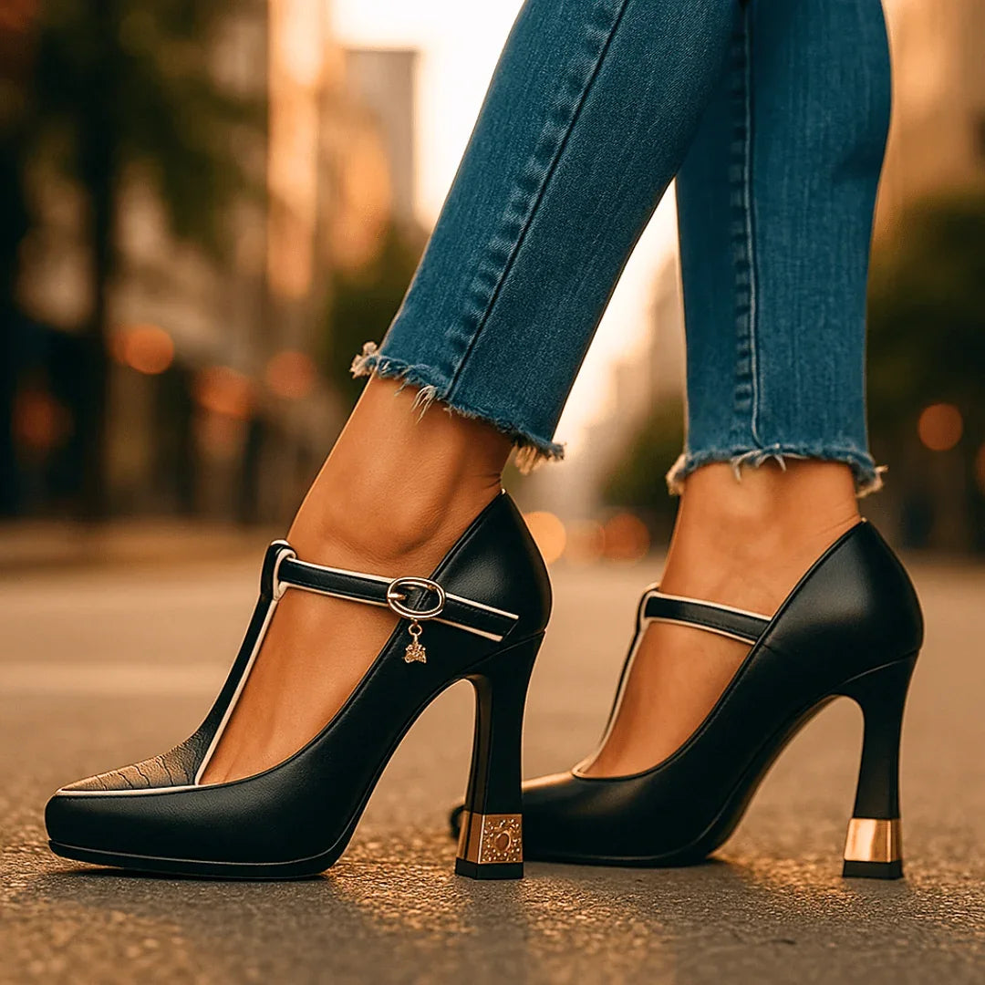 Pointed toe T-strap heels with charm buckle detail | Vivienne