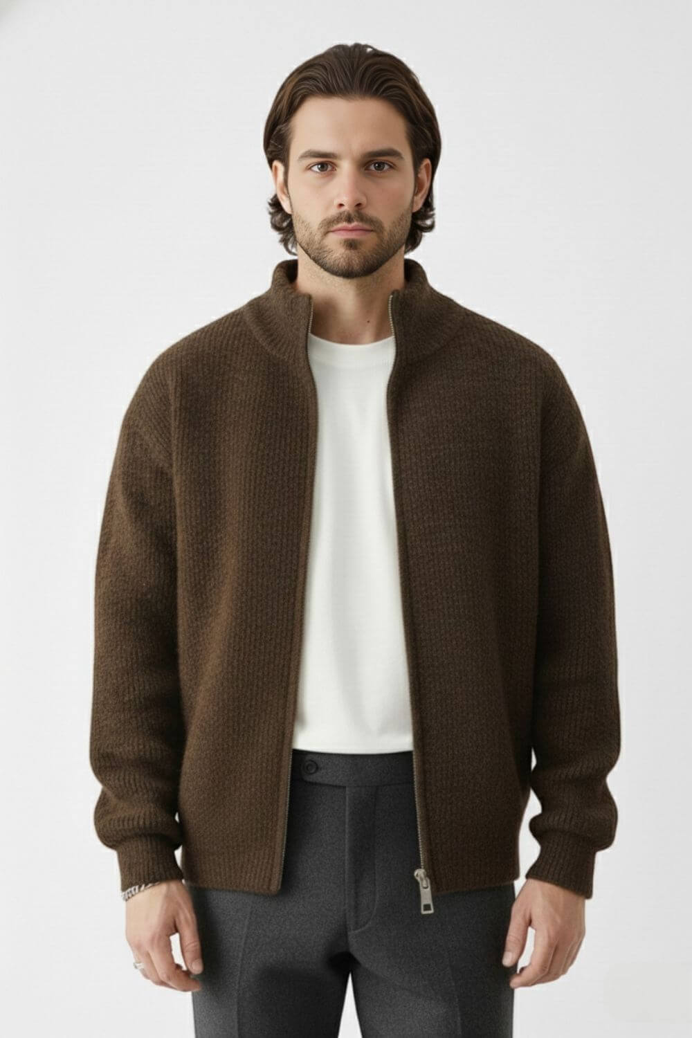 Full-zip stand collar knit jumper for men | Caurelle
