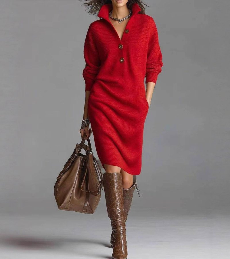 Warm high-collar knit midi dress with buttons Chic for Women | Elowira Grace