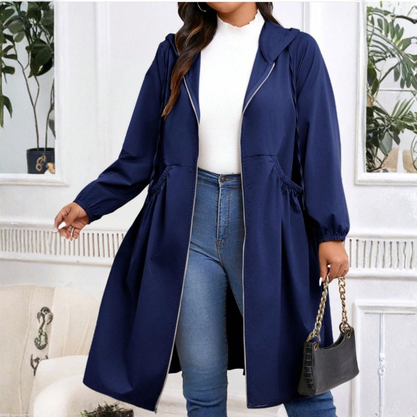 Plus size drawstring zip-up long sleeve hooded coat for women | Avril