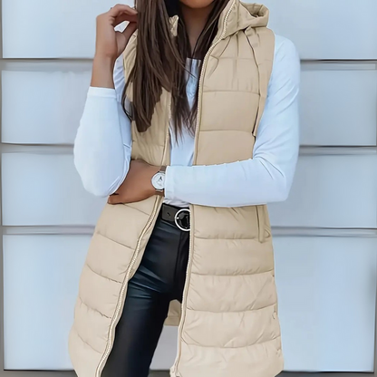 Sleeveless hooded long puffer vest for women | Rain