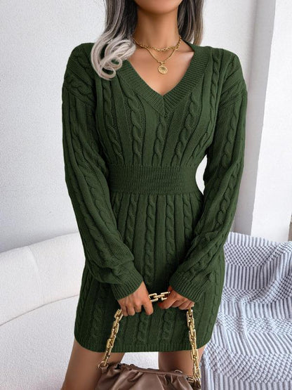 Cable knit V-neck long sleeve sweater dress for women | Holly