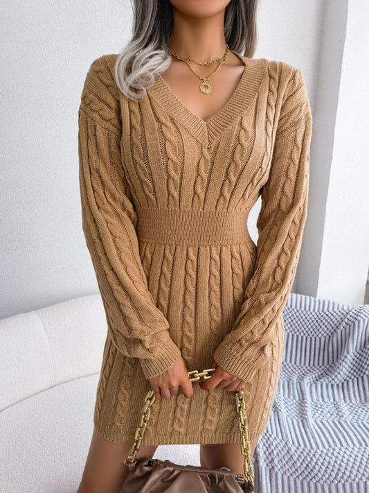 Cable knit V-neck long sleeve sweater dress for women | Holly
