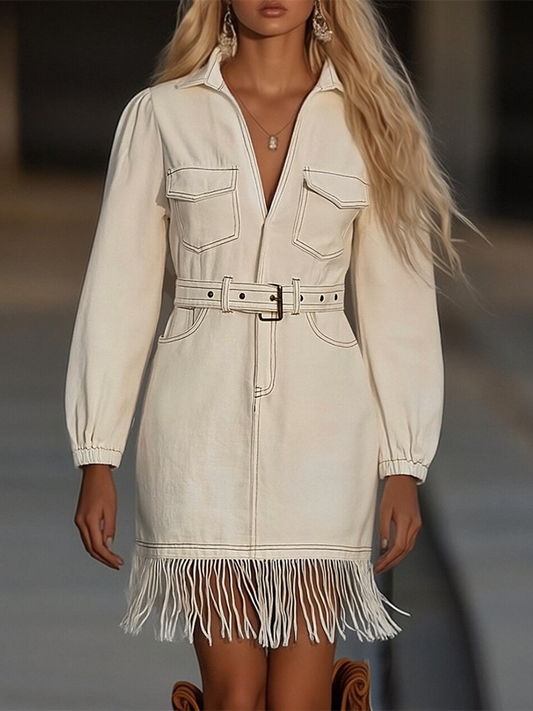 Retro denim mini dress with tassel splicing Chic for Women | Elowara