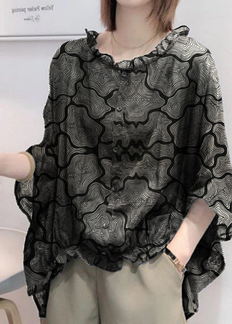 Art Navy Ruffle Trim Half Sleeve Blouse Chic for Women | Mireya