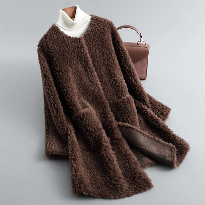 Draped shearling-style coat with fluid silhouette for women | Olivia -6
