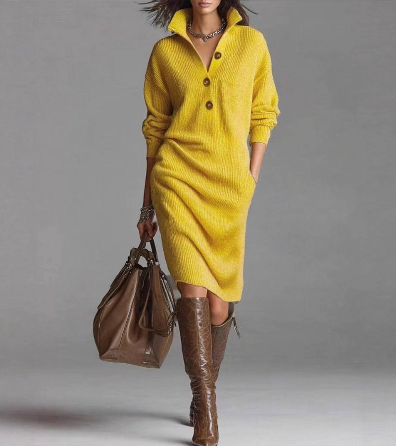 Warm high-collar knit midi dress with buttons Chic for Women | Elowira Grace