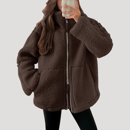 Fluffy teddy fleece zip-up winter jacket for women | Teddra -4