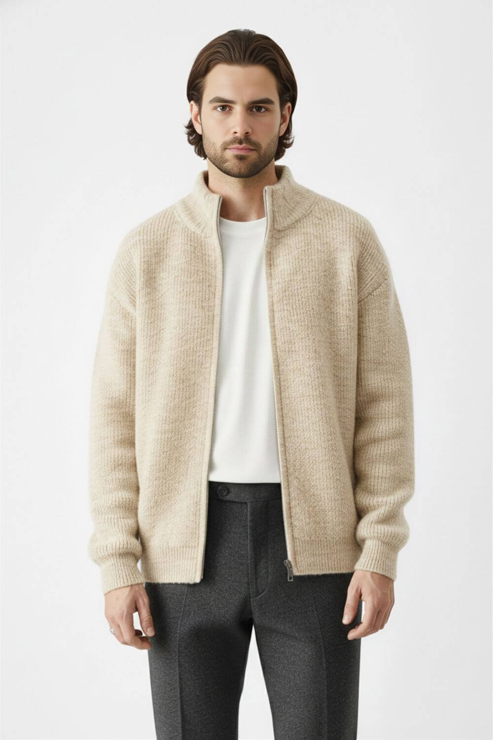 Full-zip stand collar knit jumper for men | Caurelle