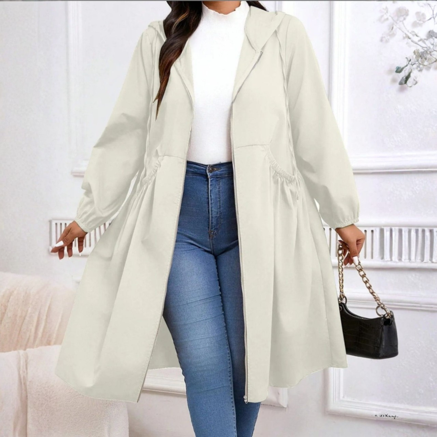Plus size drawstring zip-up long sleeve hooded coat for women | Avril