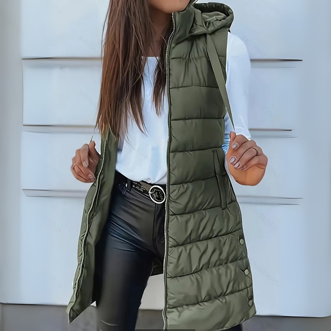 Sleeveless hooded long puffer vest for women | Rain