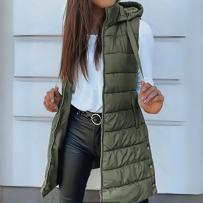 Sleeveless hooded long puffer vest for women | Rain