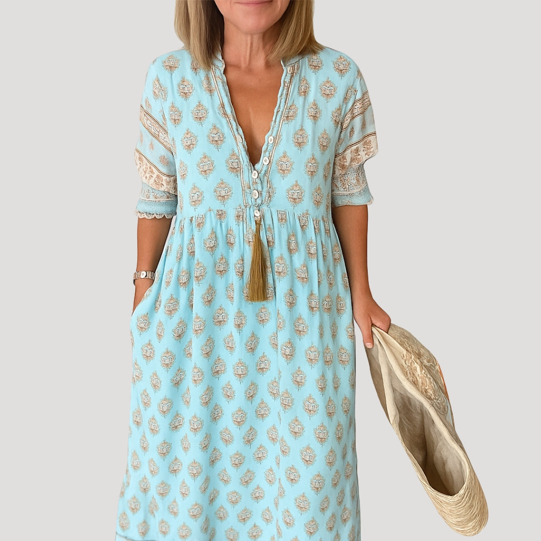 Boho beach midi dress with pockets for women | Beachelle -1