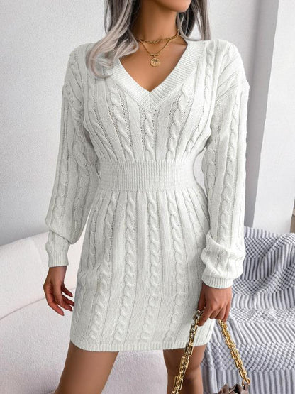 Cable knit V-neck long sleeve sweater dress for women | Holly
