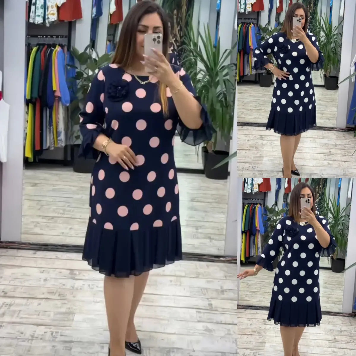 Pleated polka dot midi dress for women | Palerine