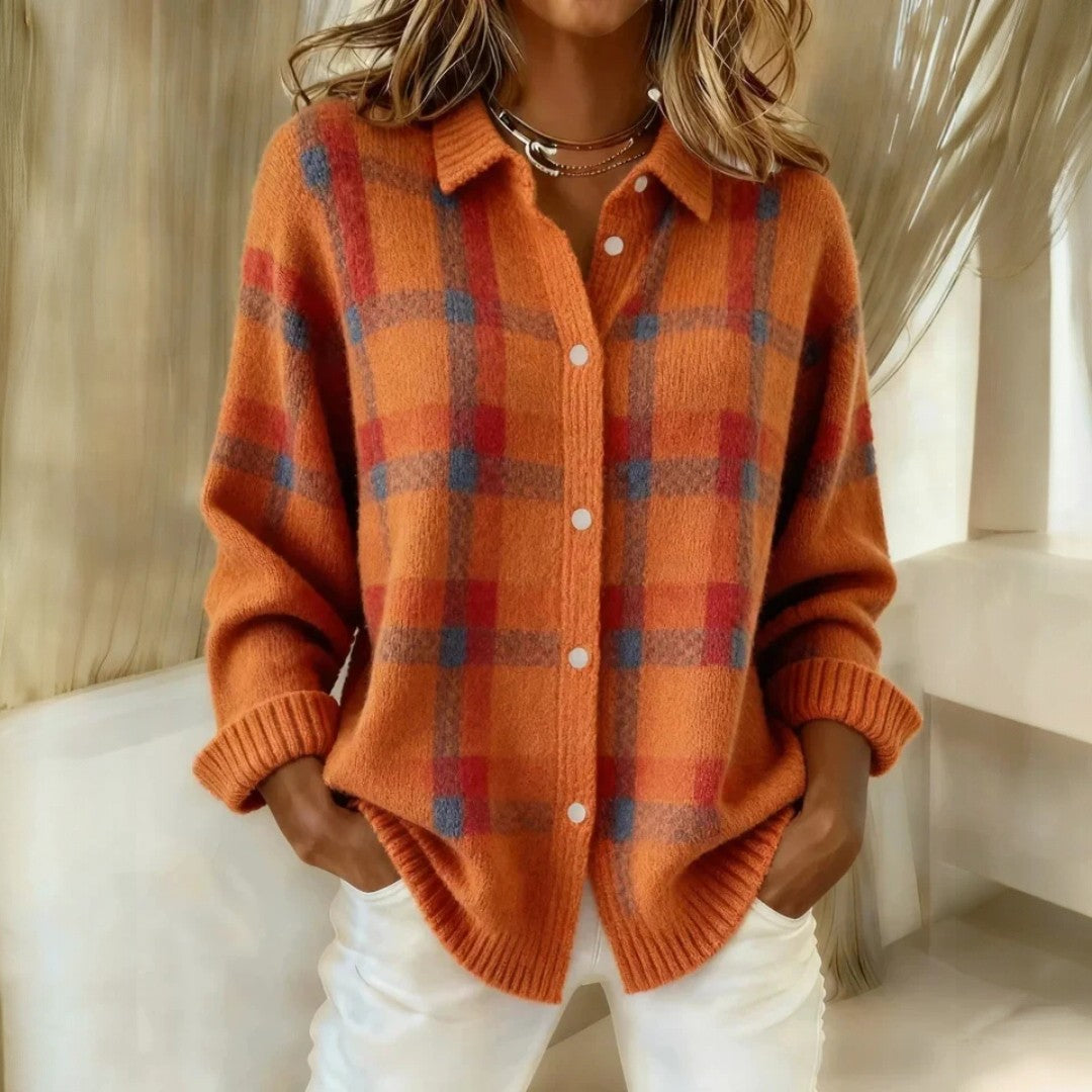 Relaxed check button-front sweater for women | Lanie