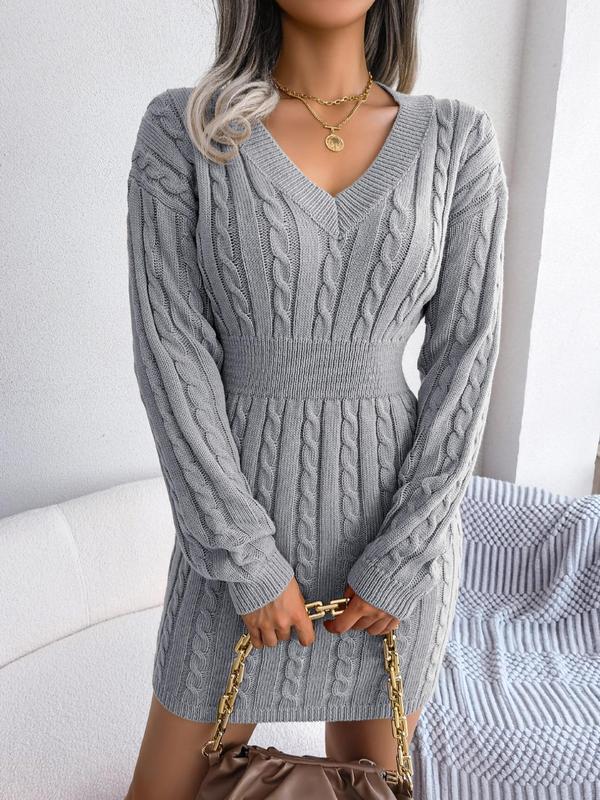Cable knit V-neck long sleeve sweater dress for women | Holly