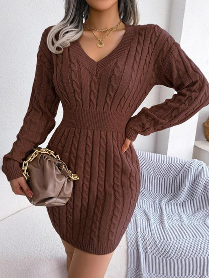 Cable knit V-neck long sleeve sweater dress for women | Holly