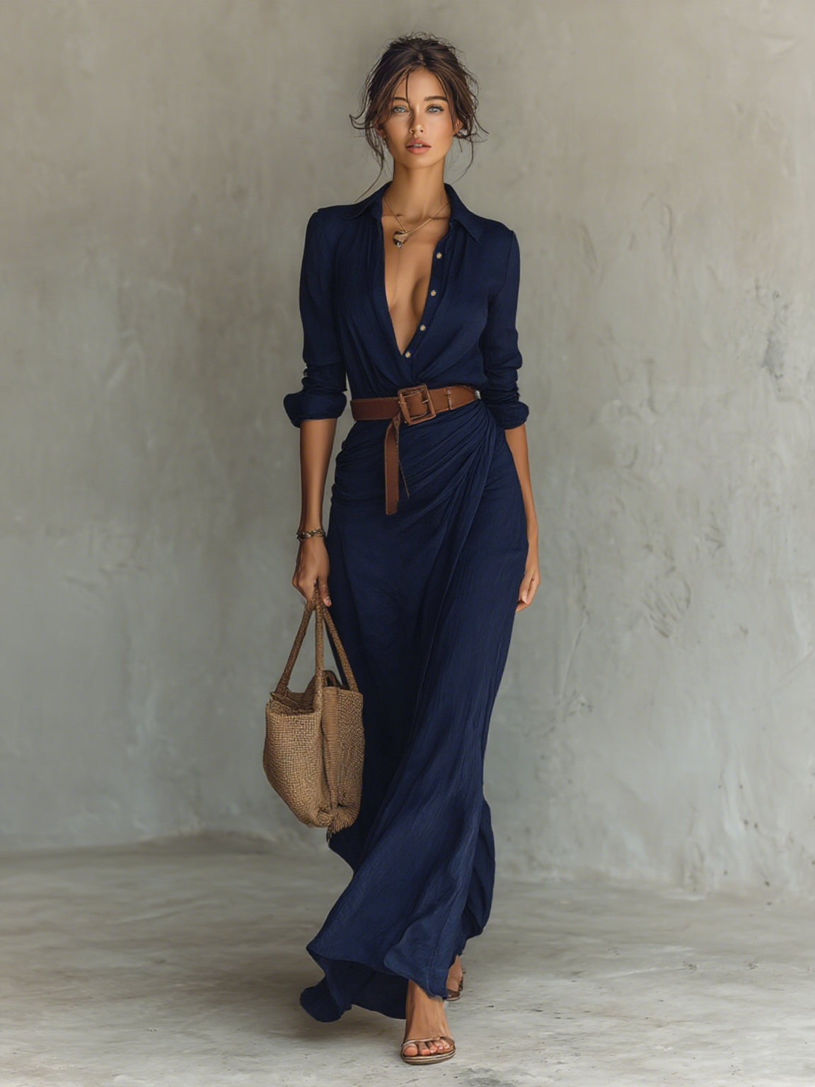 Belted lapel single-breasted maxi dress for women | Lapelle -5