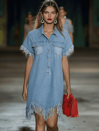Vintage denim shirt mini dress with tassel detail Chic for Women | Solmara