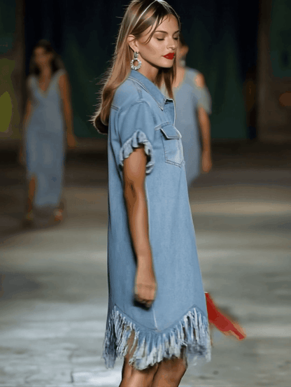 Vintage denim shirt mini dress with tassel detail Chic for Women | Solmara