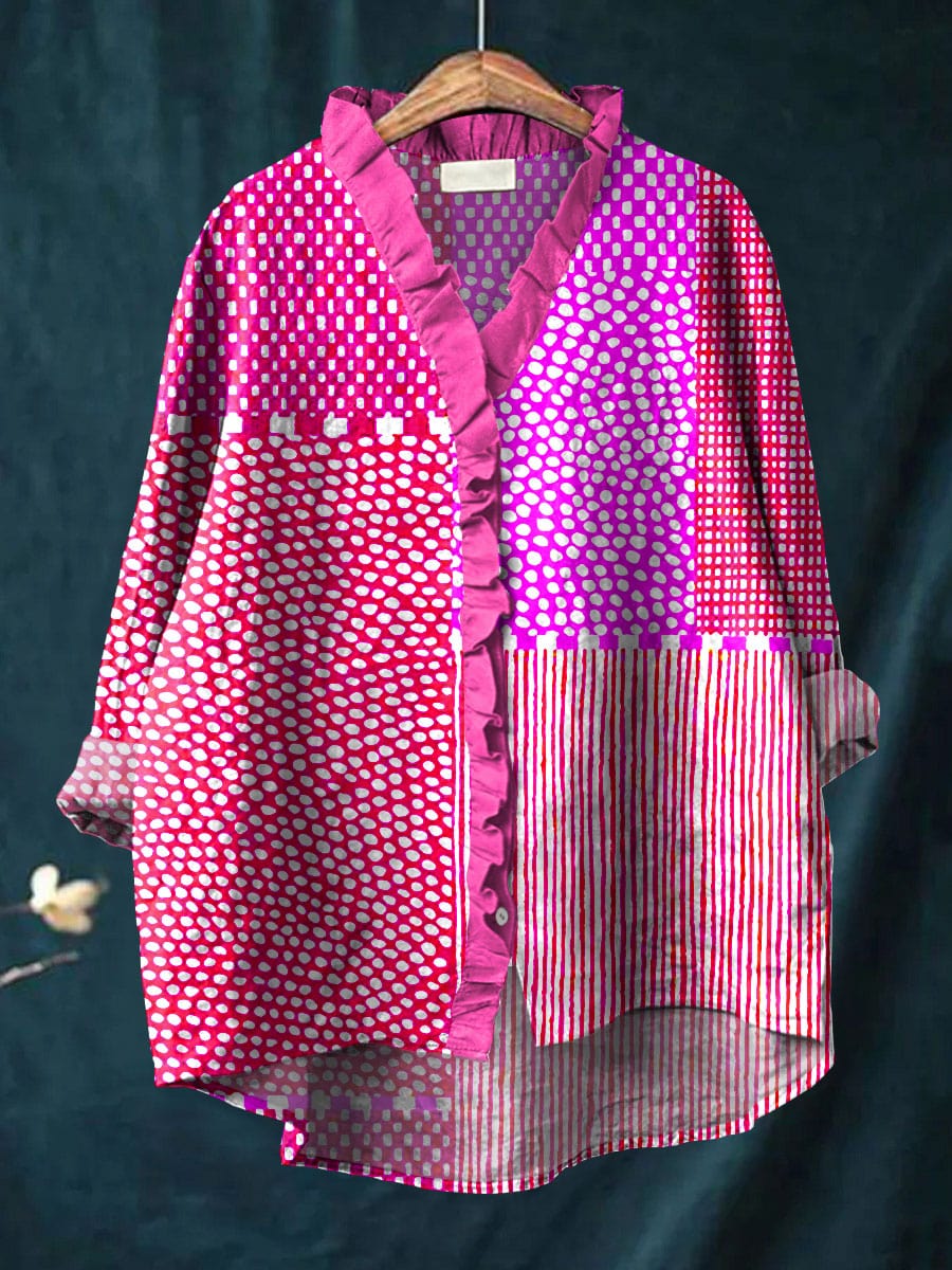 Colorful Patchwork Ruffle Neck Blouse for Women | Cassandra