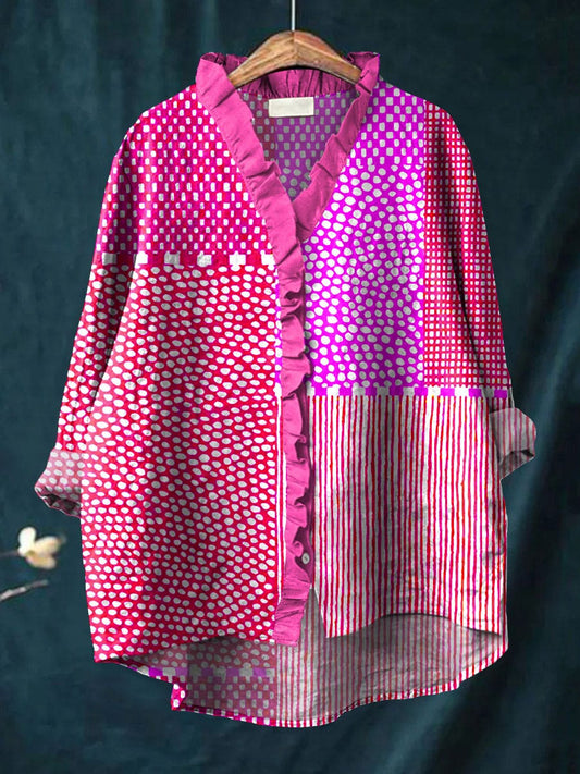 Colorful Patchwork Ruffle Neck Blouse for Women | Cassandra