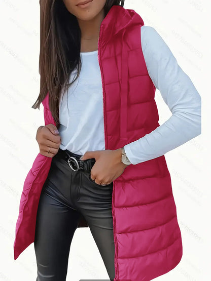 Sleeveless hooded long puffer vest for women | Rain