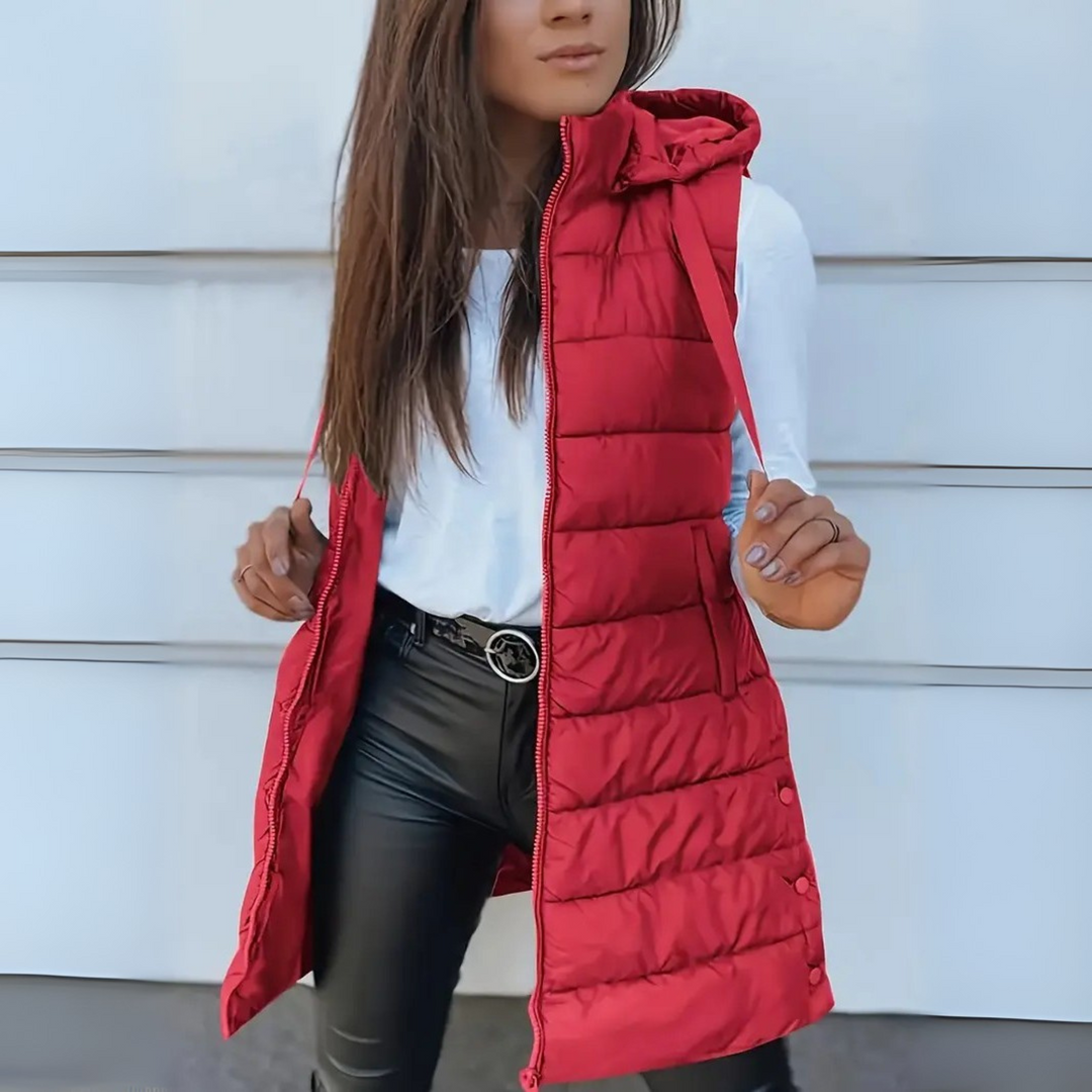 Sleeveless hooded long puffer vest for women | Rain