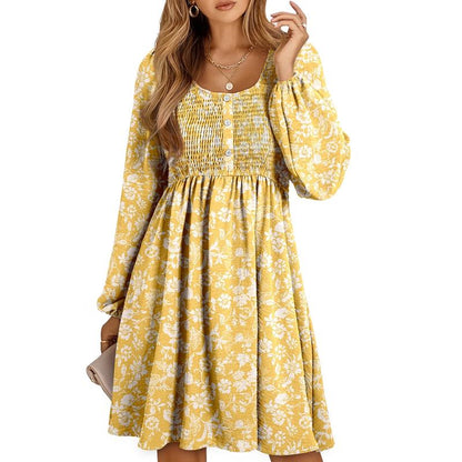 Casual smocked empire waist A-line dress with button-up detail for women | Elowen