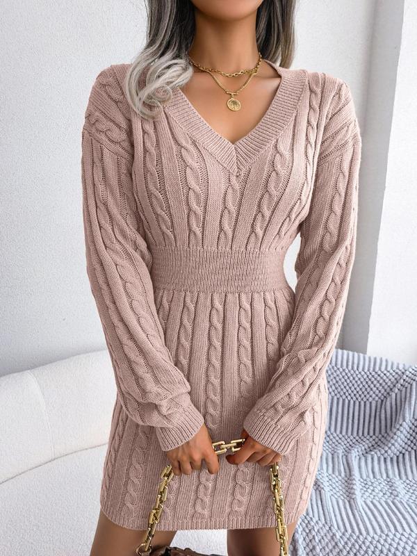 Cable knit V-neck long sleeve sweater dress for women | Holly