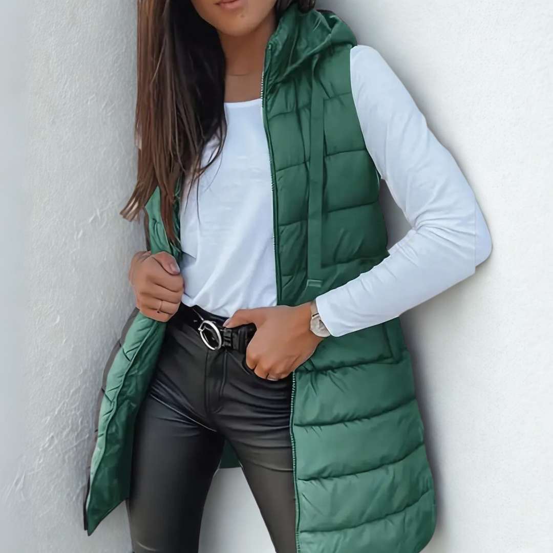Sleeveless hooded long puffer vest for women | Rain