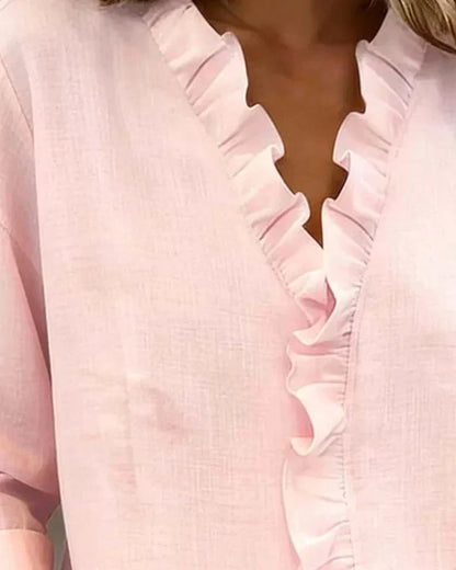 Ruffle V-Neck Long Sleeve Blouse for Women | Indie