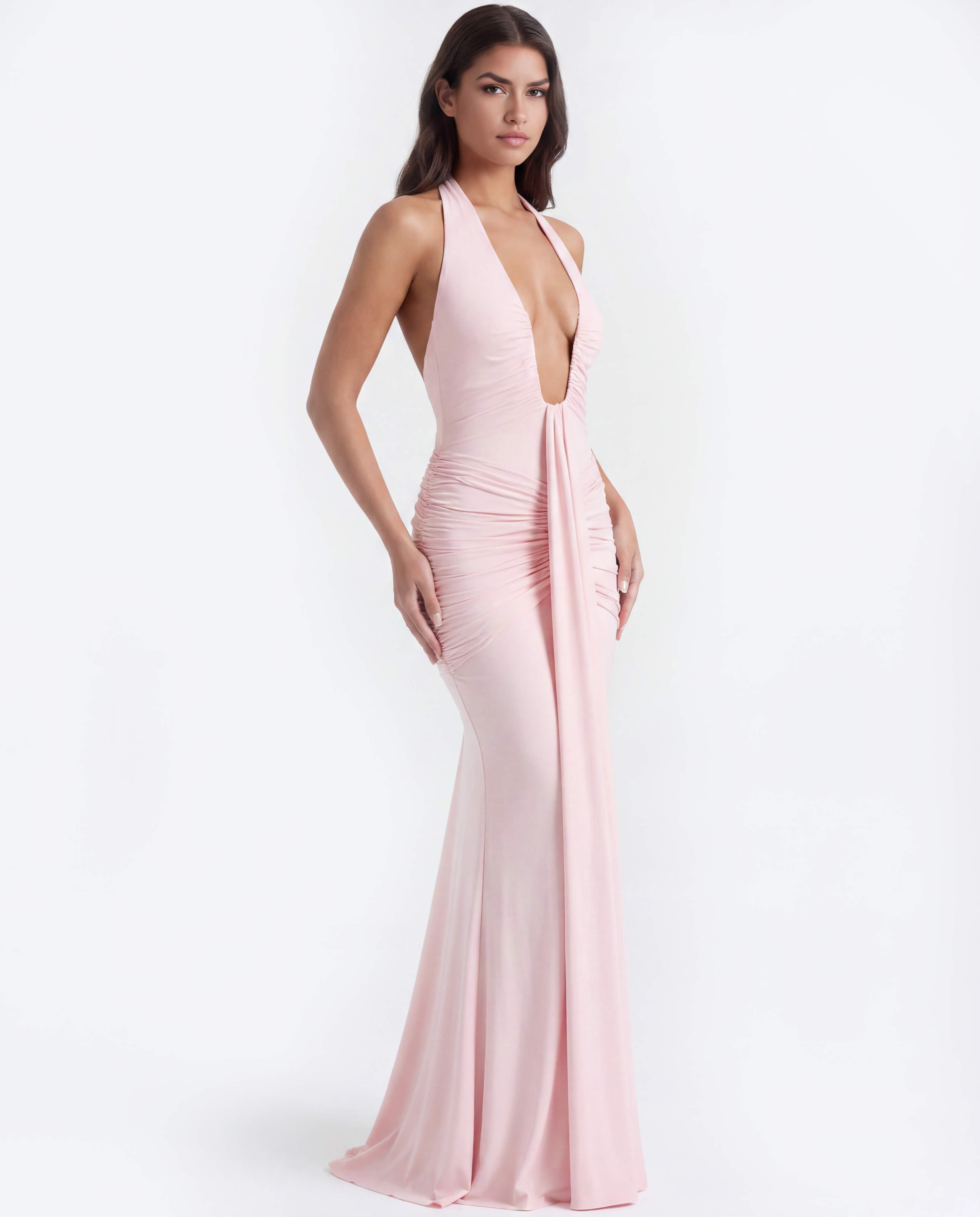 Plunging halter maxi dress for women | Ariel