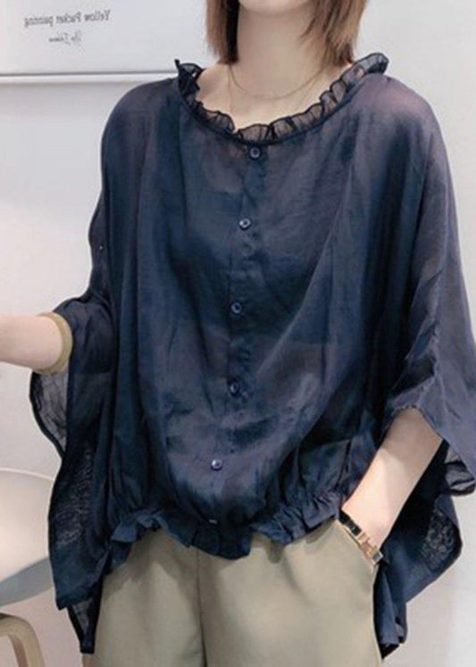Art Navy Ruffle Trim Half Sleeve Blouse Chic for Women | Mireya