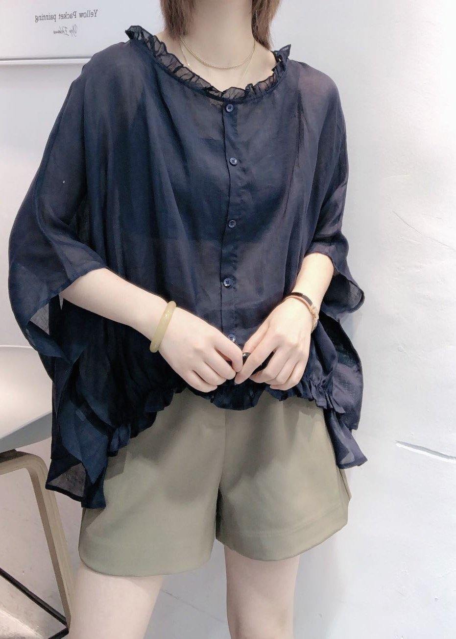 Art Navy Ruffle Trim Half Sleeve Blouse Chic for Women | Mireya
