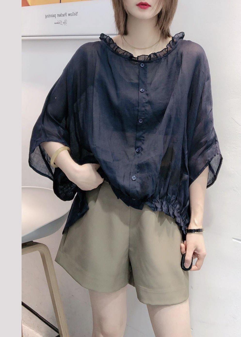 Art Navy Ruffle Trim Half Sleeve Blouse Chic for Women | Mireya